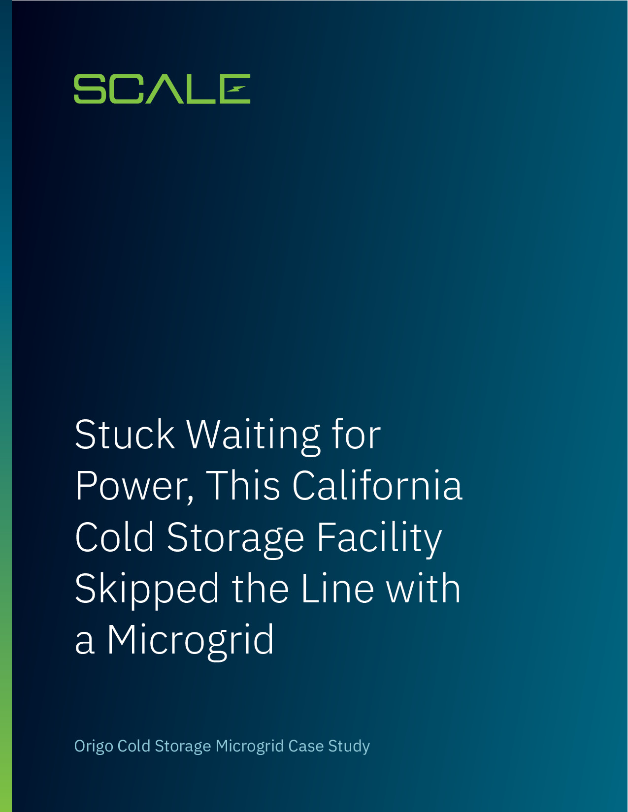 The cover page of a case study titled "Stuck Waiting for Power, This California Cold Storage Facility Skipped the Line with a Microgrid: Origo Cold Storage Microgrid Case Study"