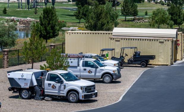 The battery system to store the power generated by a Scale Microgrids project is expected to use the space where these three trucks are parked behind Soboba Casino Resort in San Jacinto on Wednesday, Jun. 28, 2023. (Photo by Terry Pierson, The Press-Enterprise/SCNG)
