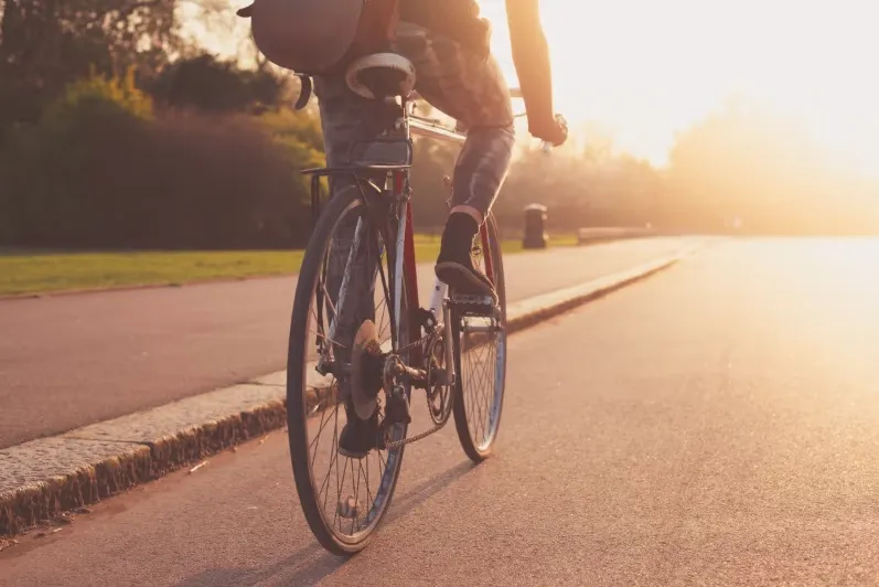 Rear view of a person cycling on a paved path in a park during sunset, with bright sunlight and lens flare casting long shadows. Focus is on the bike's rear wheel and chain.
