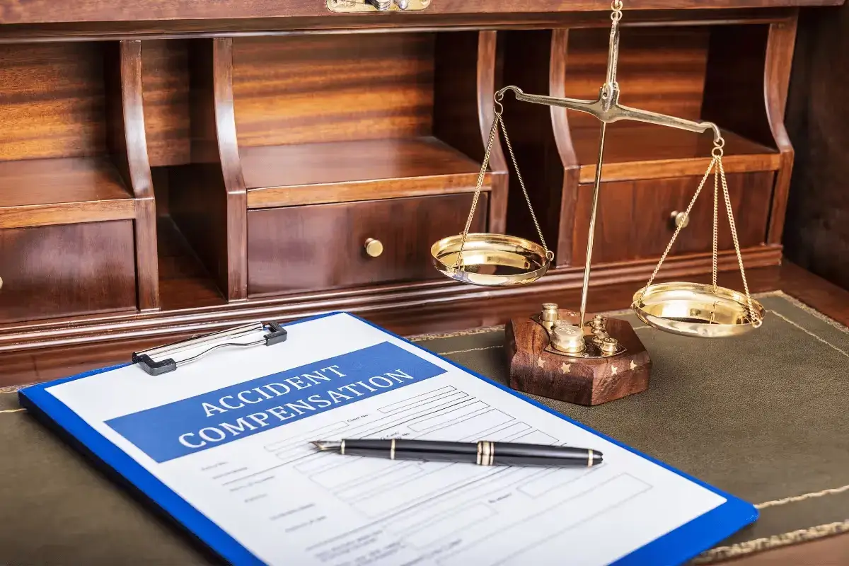 A blue clipboard with an 'ACCIDENT COMPENSATION' form and a black pen on a dark green desk pad. A brass set of scales of justice sits next to the form in front of a wooden hutch or cabinet.