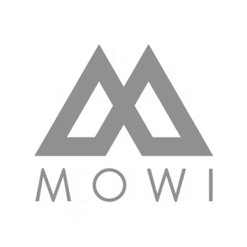 Logo MOWI with stylized letter M in gray on black background.