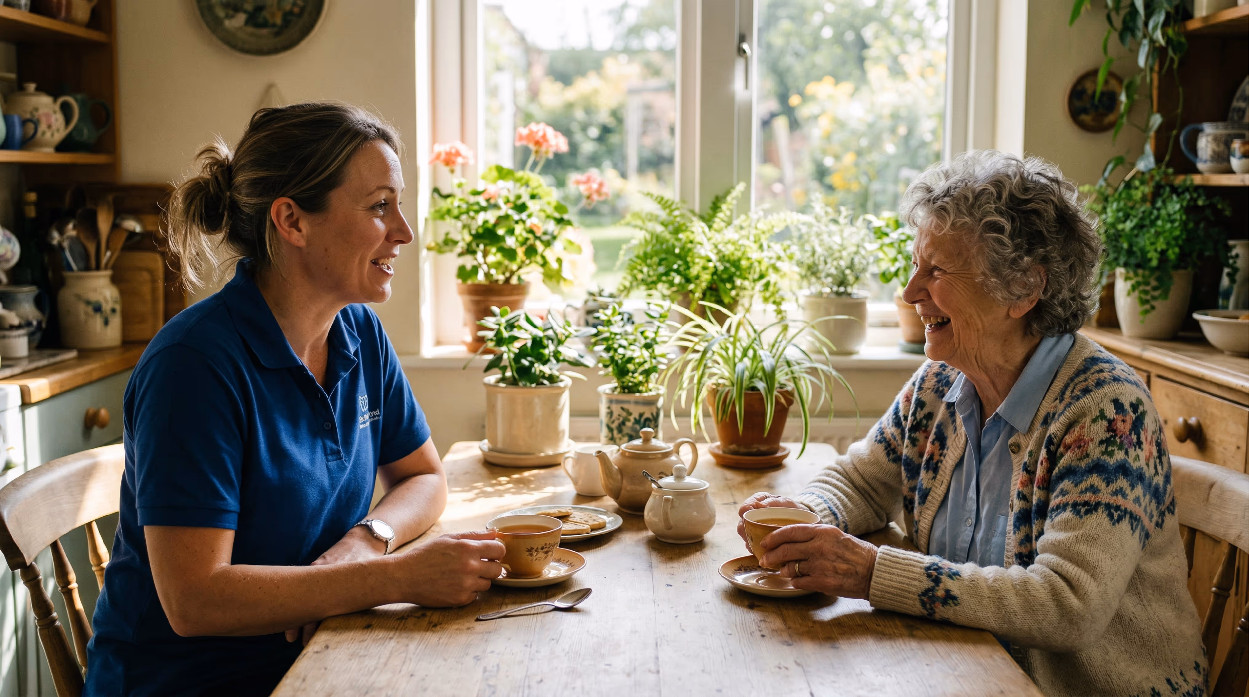 A female caregiver and an elderly woman sitting at the kitchen table having tea. They are both smiling and having a great conversation. 