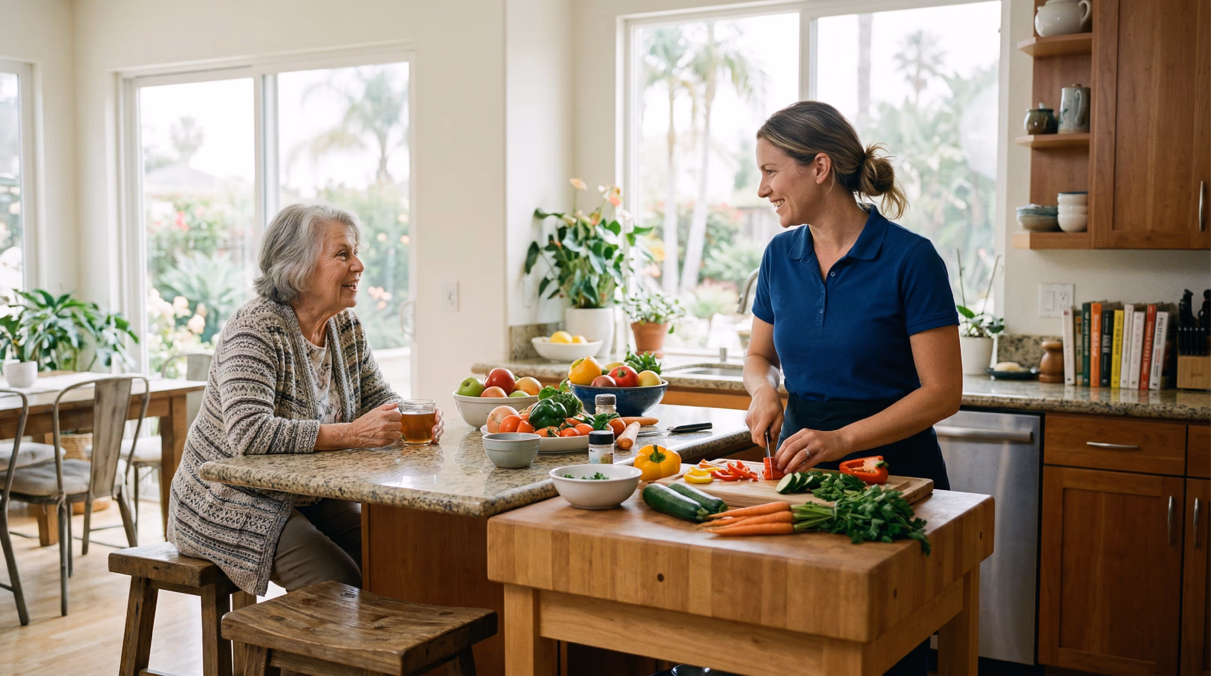 A female caregiver cooking for an elderly person in a kitchen.