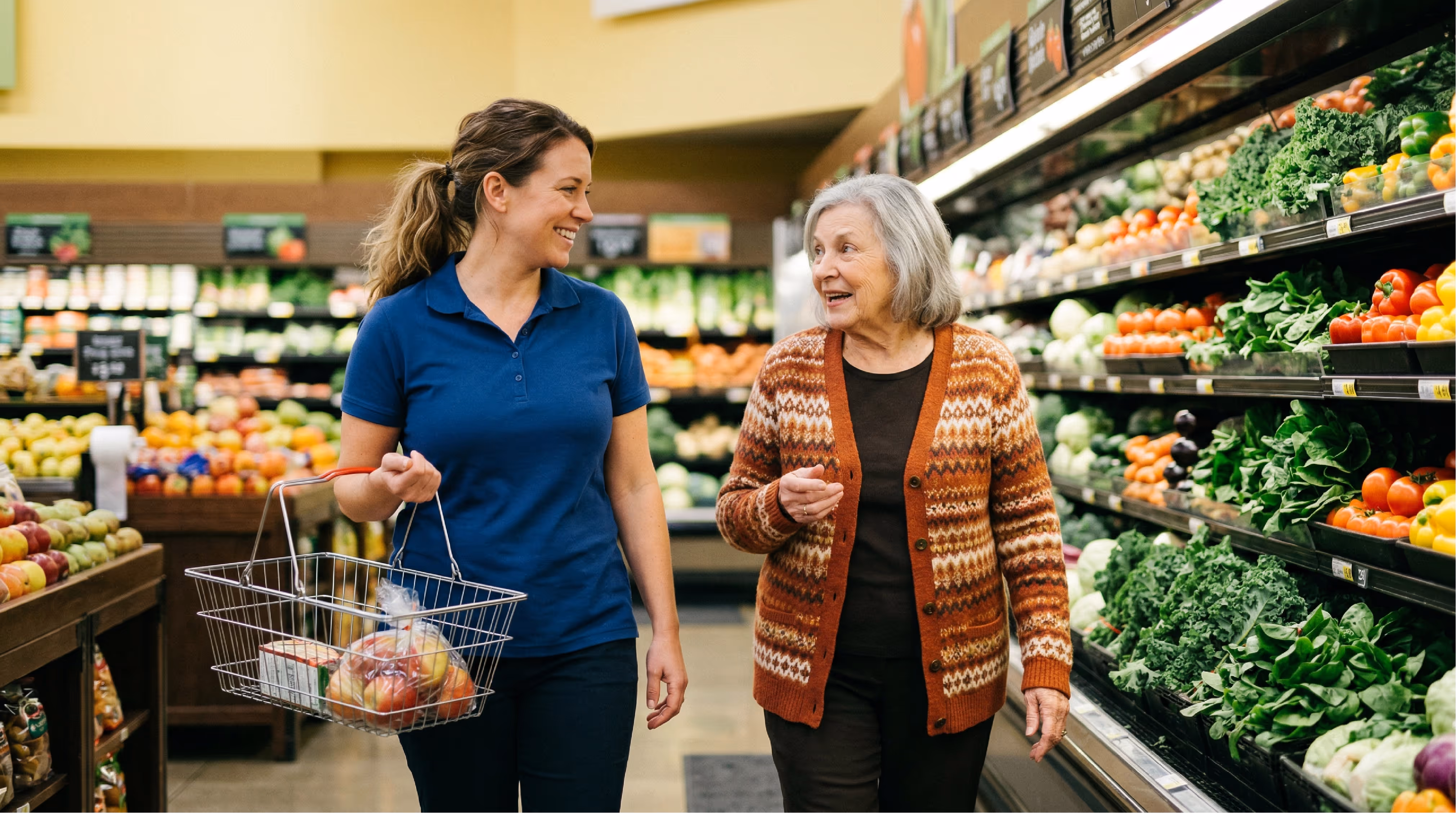 A female caregiver grocery shopping with an elderly woman.