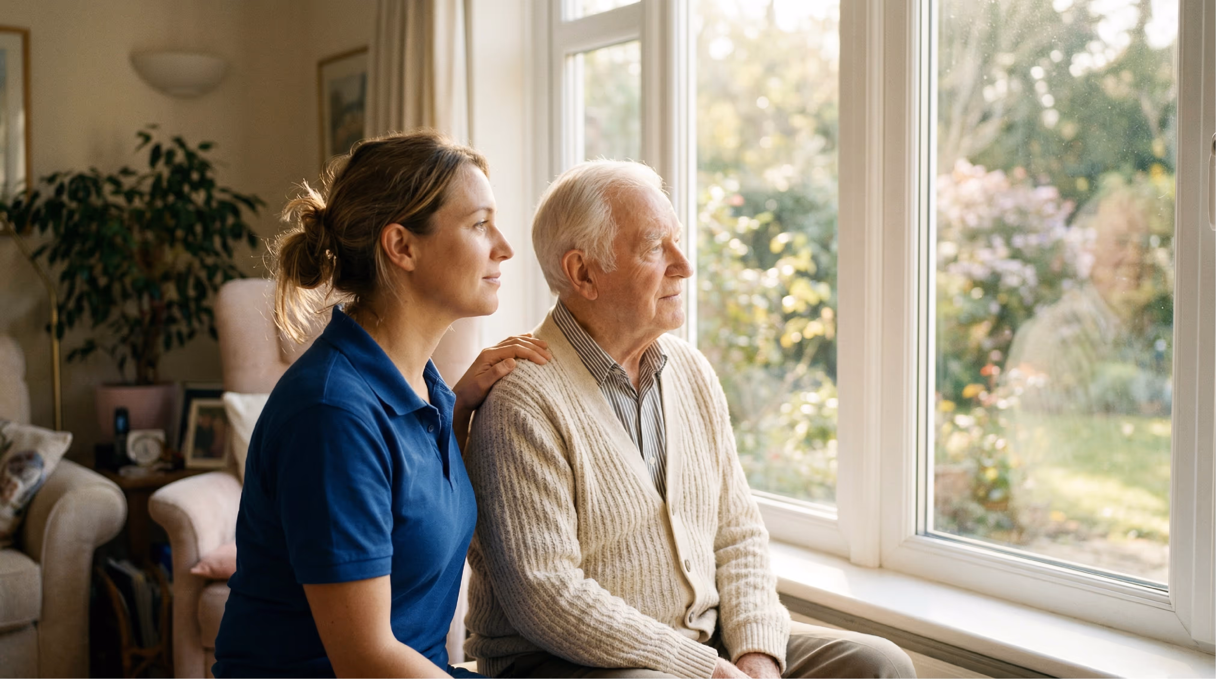 A caregiver looking outside with an elderly person.