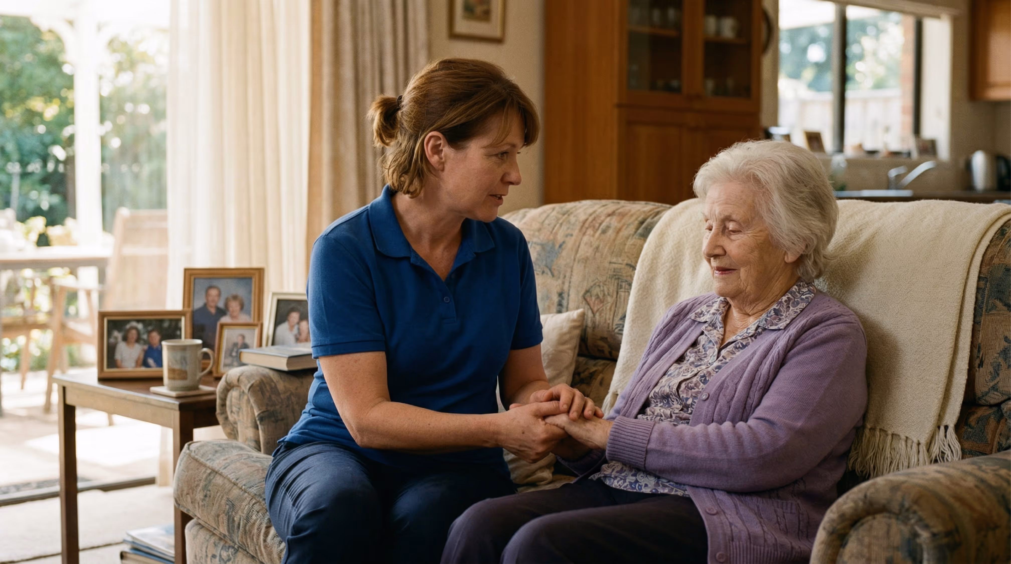 A caregiver wearing a blue polo sitting on a couch with an elderly woman. 