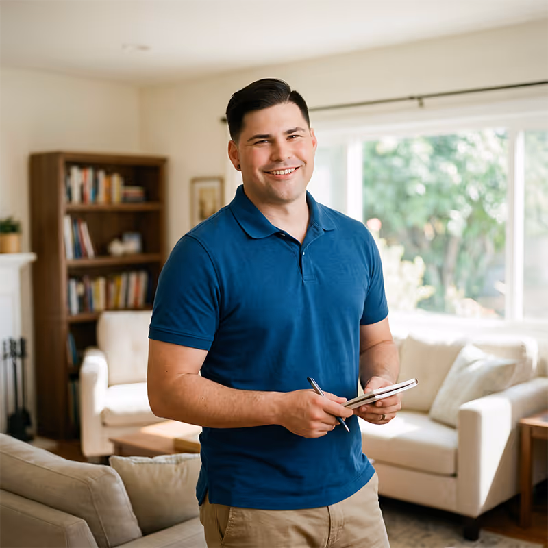 Chase Thacker, Founder and CEO of CA Helping Hands. He is wearing a blue polo and holding a tablet and stylus. 