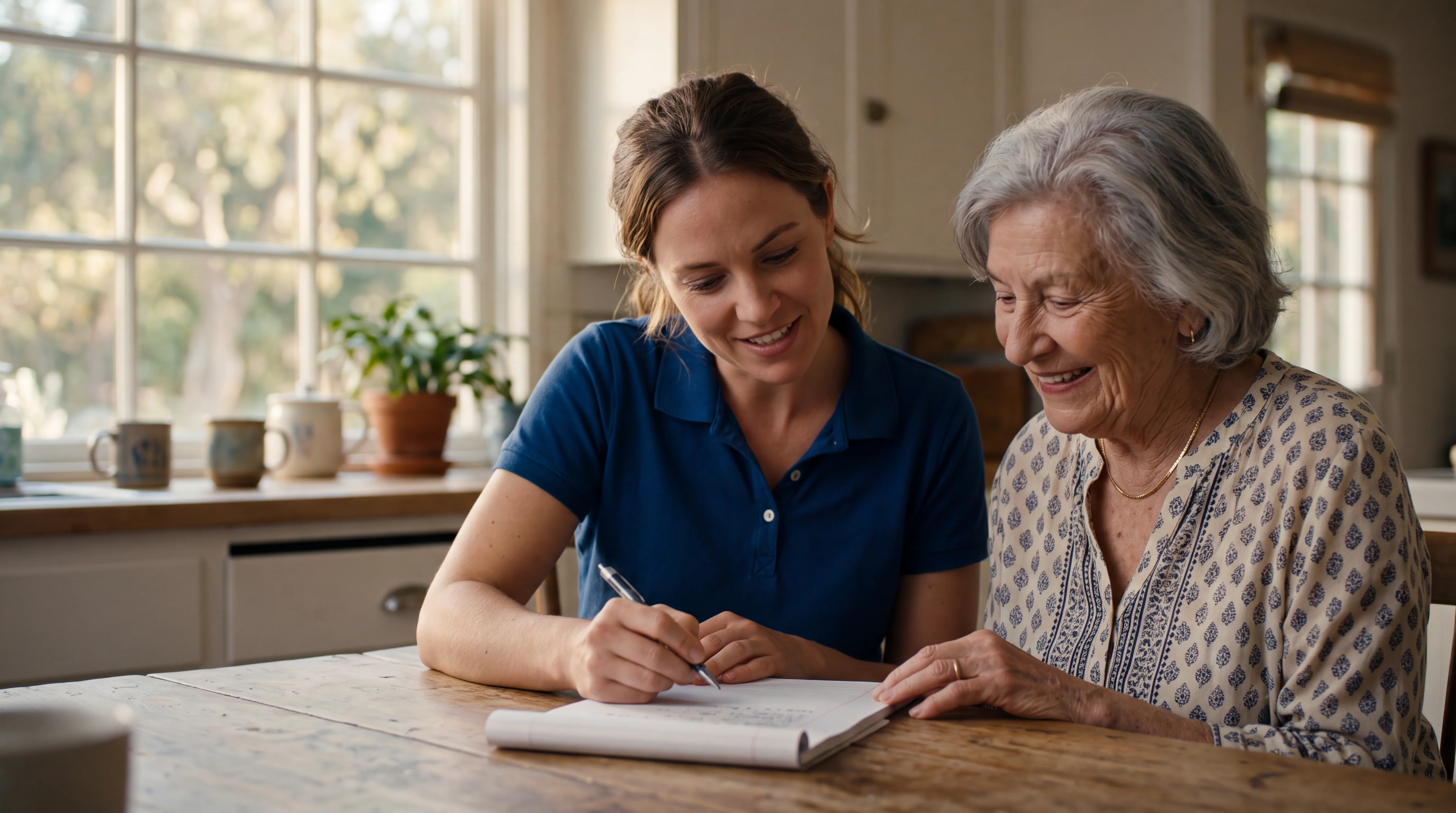Caregiver in a blue polo helping a senior woman choose an in-home care plan at her kitchen table.