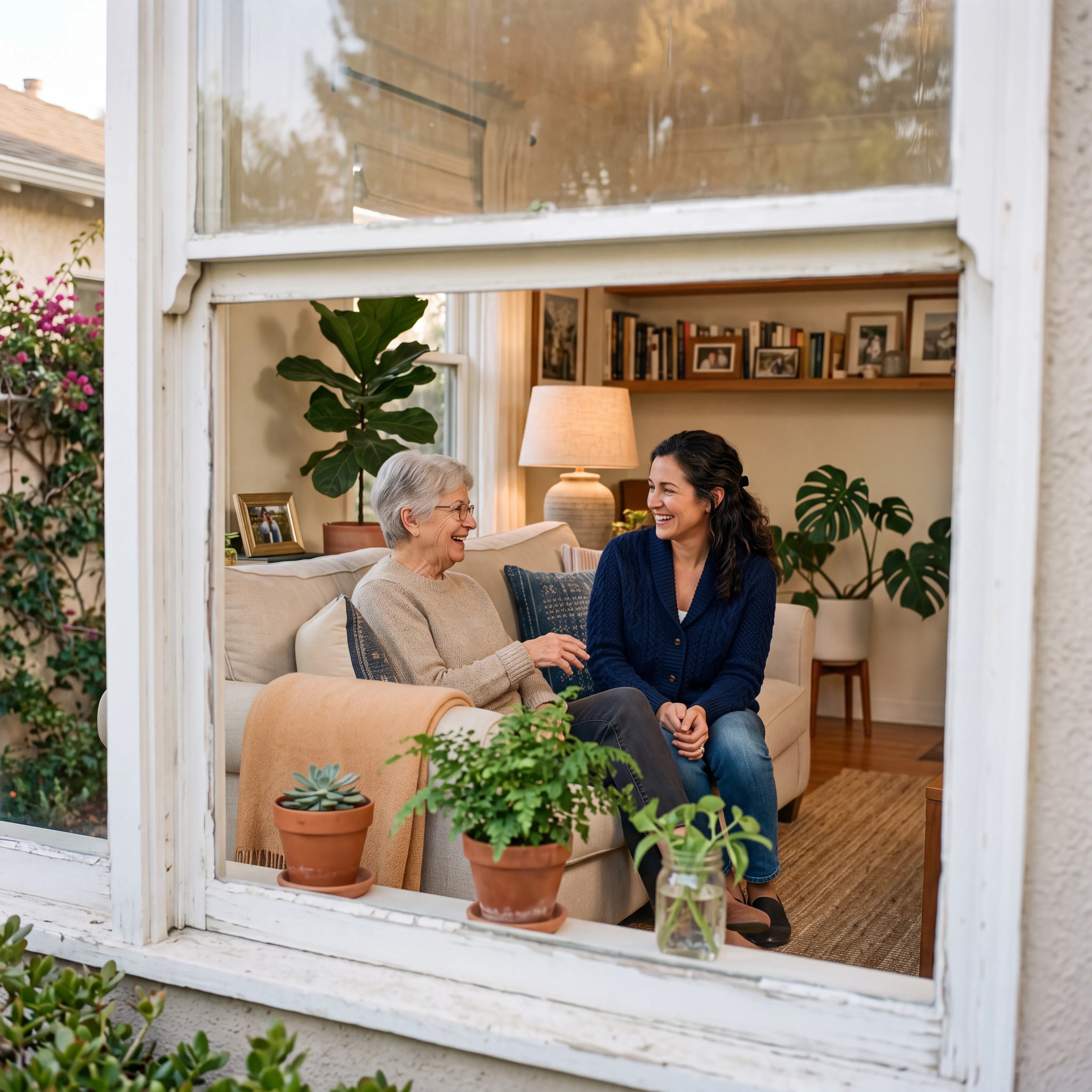 An elderly parent and their adult child talk together in a warmly lit living room, seen through a front window.