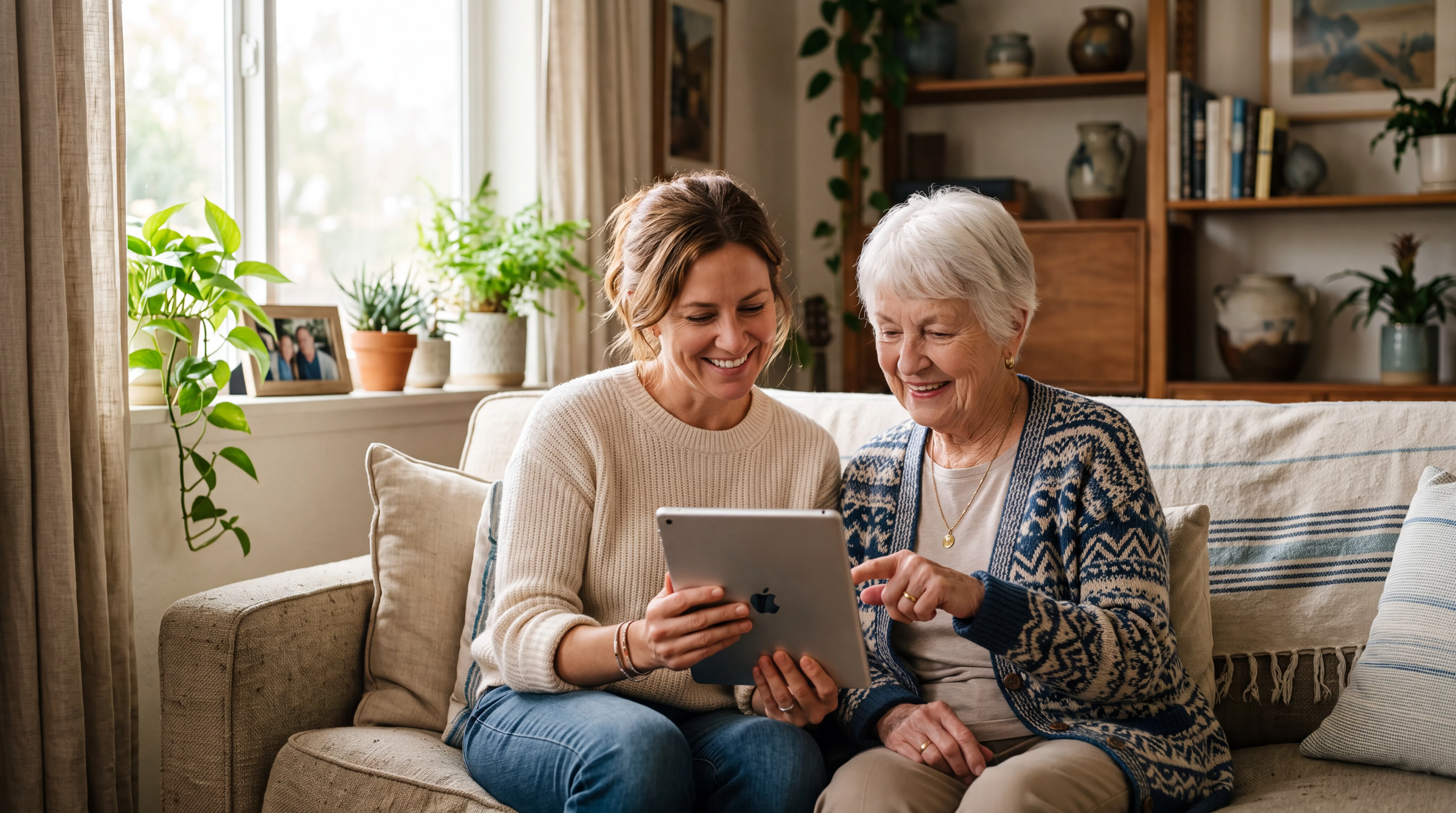 An adult daughter sits close to her elderly mother on a living room couch, looking at a tablet together and smiling.