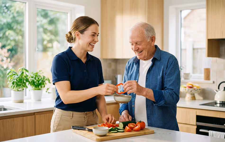 Young woman and elderly man smiling together while preparing fresh vegetables in a bright kitchen.