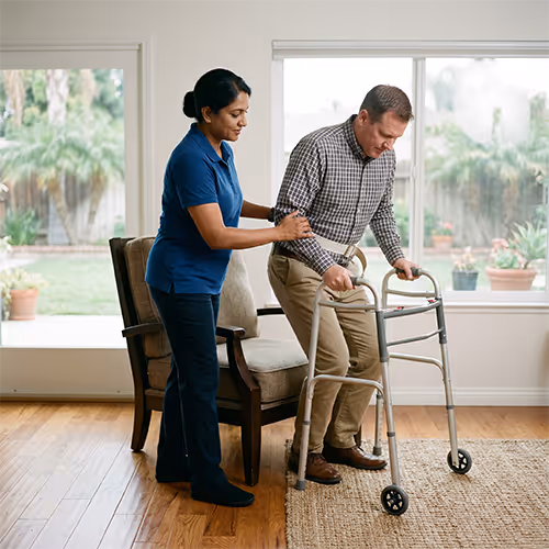 Caregiver assisting a man using a walker as he stands up from a chair in a living room with large windows.