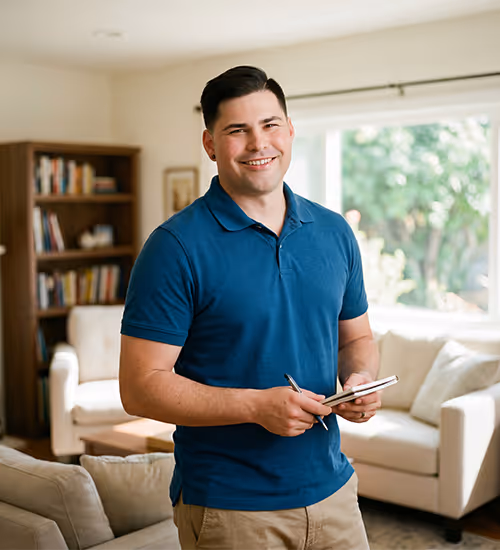 Smiling man in a blue polo shirt standing in a cozy living room holding a tablet and stylus.