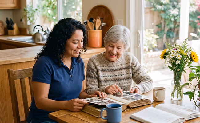 A younger woman and an elderly woman smiling while looking through a photo album at a wooden table with coffee mugs and a vase of flowers.