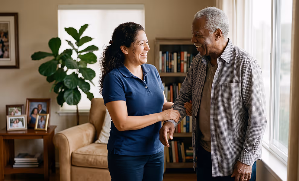 Caregiver smiling and holding the arm of an elderly man in a warmly lit living room.