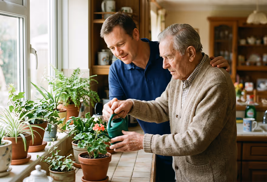 Middle-aged man guiding elderly man watering potted plants on a kitchen windowsill filled with various green plants.