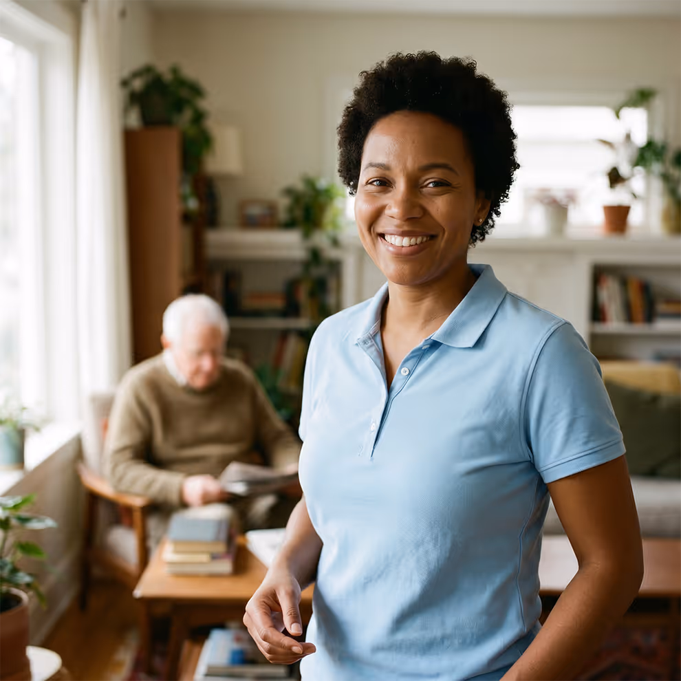 Smiling woman in a light blue polo shirt standing in a cozy living room with an elderly man reading in the background.