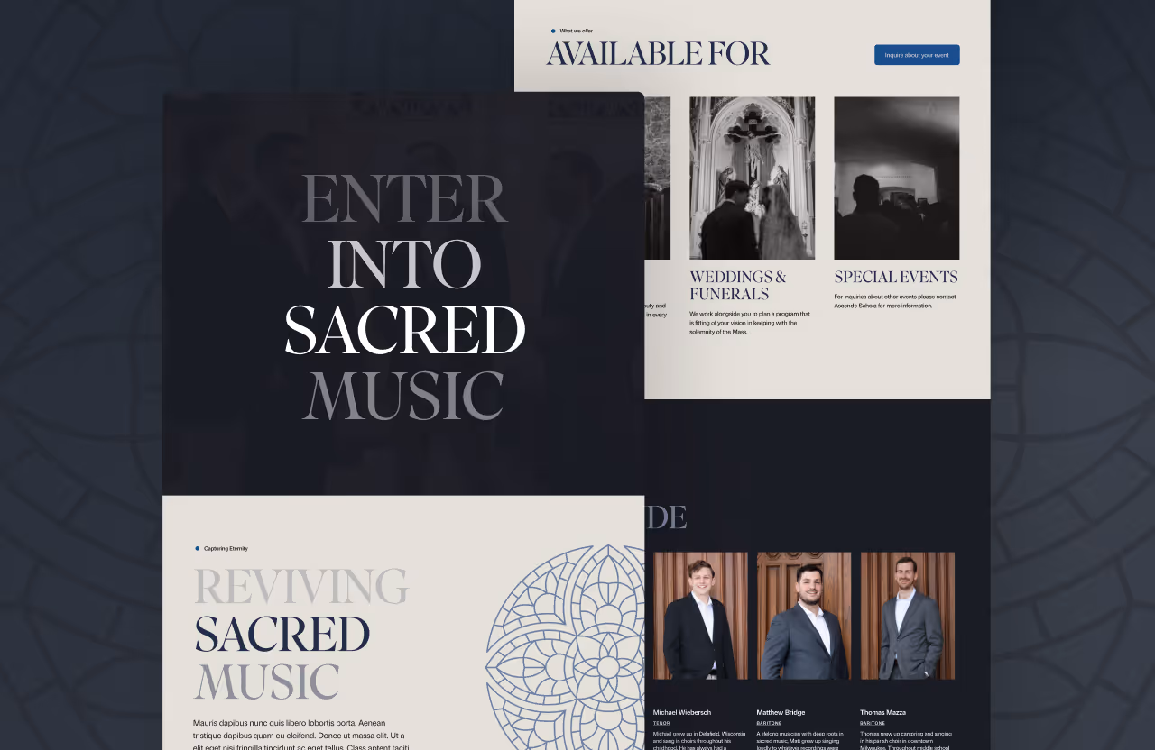 Website section featuring 'Enter Into Sacred Music' text, event offerings like weddings and special events with related images, and portraits of three men with their names and titles.