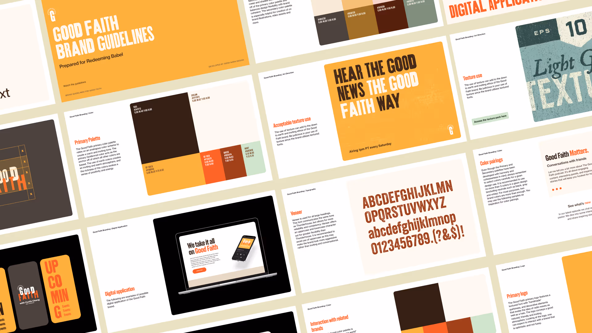 Good Faith brand guidelines presentation showing color palettes, typography, logos, texture use, digital applications, and messaging examples.