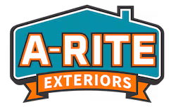 ARITE Exteriors logo with ARITE in white and orange letters on teal background and EXTERIORS in white on an orange ribbon.