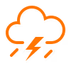 Orange icon of a cloud with rain and a lightning bolt representing a storm.