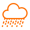 Orange icon of a cloud with raindrops falling, symbolizing heavy rain or downpour.