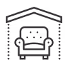 Icon of an armchair inside a house outline.