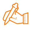 Orange line icon of a hand holding a pencil and writing on a paper.