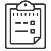 Clipboard with checklist and checkboxes icon in black line art.
