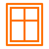 Orange window icon with four panes on a black background.