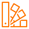 Orange icon of a ruler, pencil, and paint swatches representing design or creativity tools.