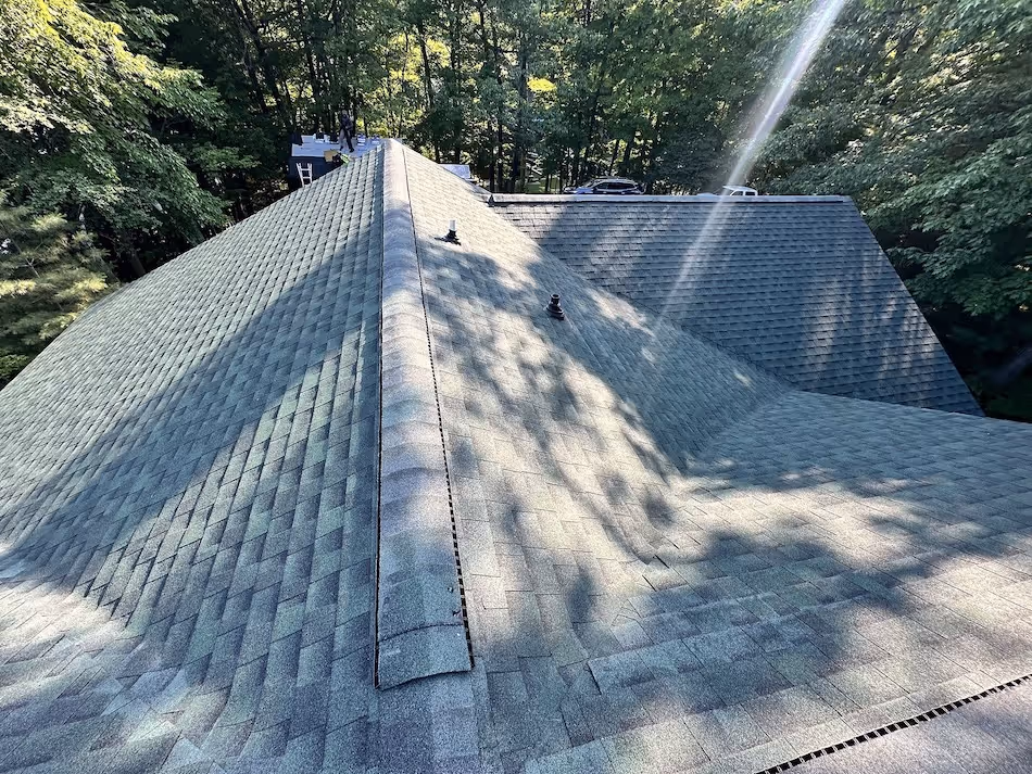 Aerial view of a green shingled house roof surrounded by trees with sunlight casting shadows.