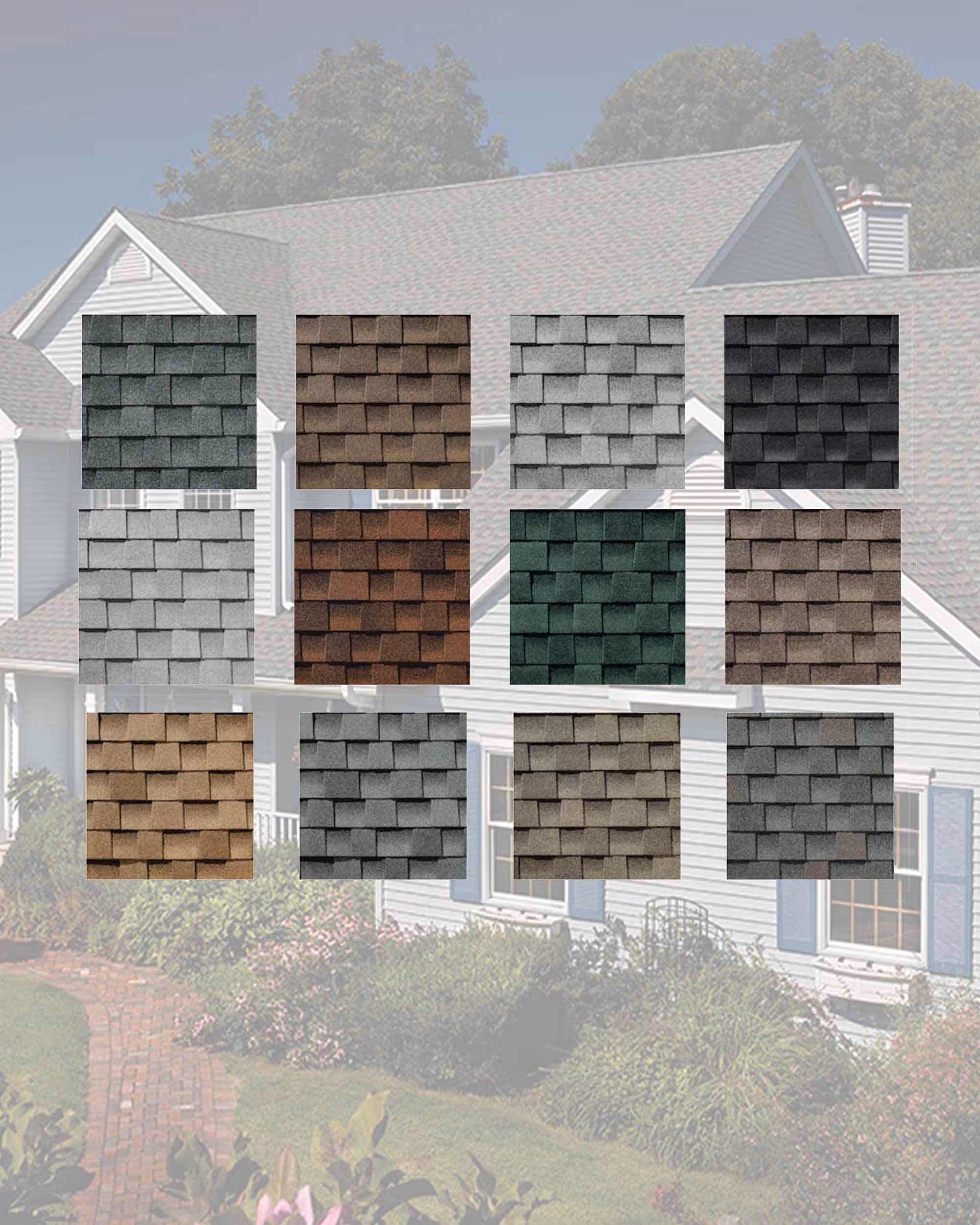 Grid of twelve different colored asphalt roof shingle samples displayed over a house background.