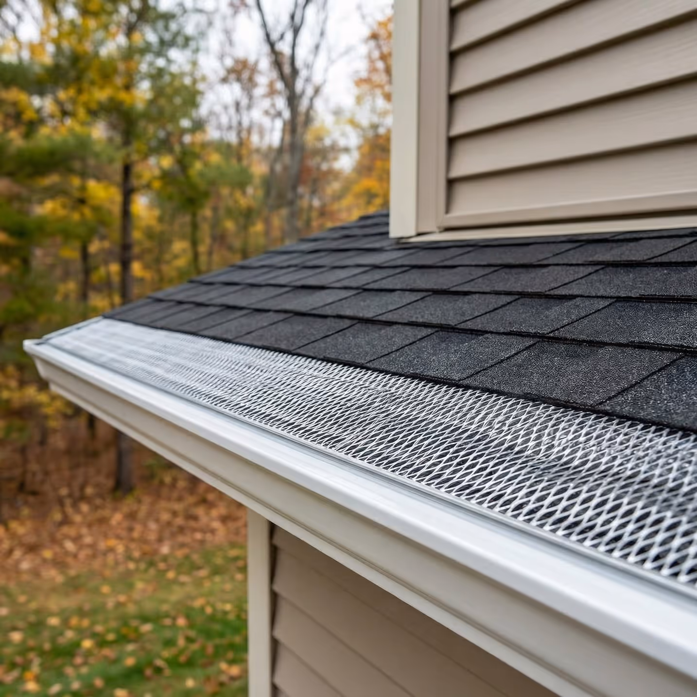 House roof with dark shingles and a white gutter guard installed to prevent debris.