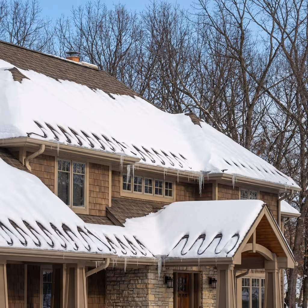 Snow-covered roof of a house with heat cables installed in a zigzag pattern and icicles hanging from the eaves.