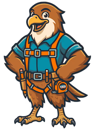 Cartoon hawk character dressed as a construction worker with a blue shirt, orange safety harness, and tool belt, standing confidently.