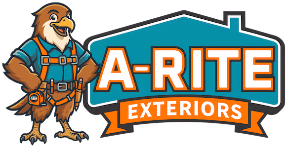 A-RITE Exteriors logo with a mascot hawk wearing a tool belt and work uniform standing next to a house-shaped sign.