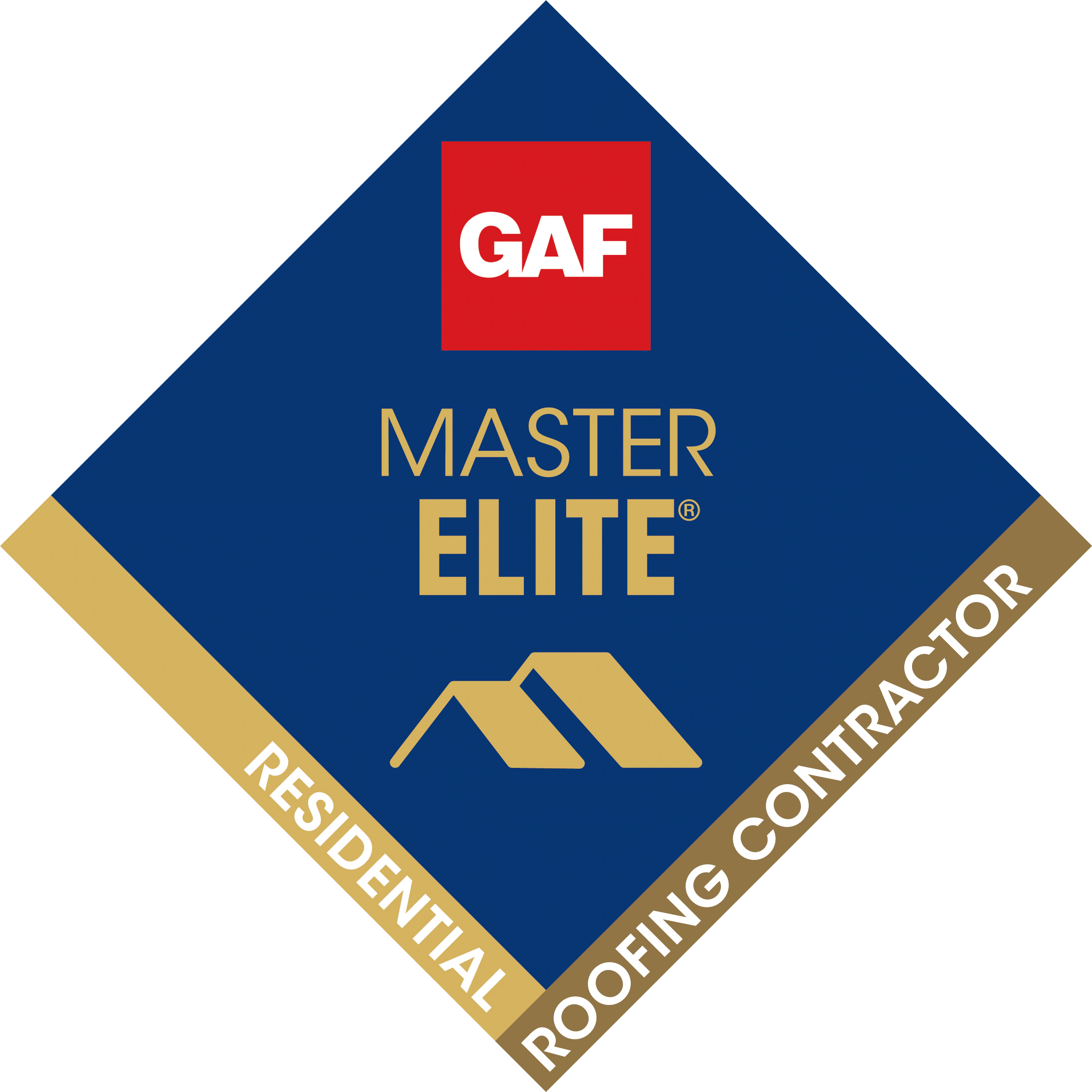 GAF Master Elite badge for residential roofing contractors featuring a stylized roof icon on a blue diamond background.