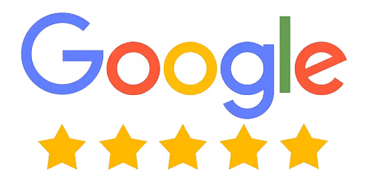 Google logo above five yellow stars representing a five-star rating.