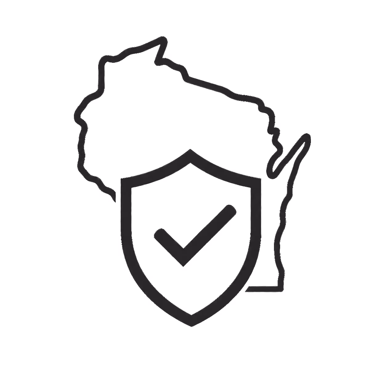 Outline of the state of Wisconsin with a shield and checkmark symbolizing insurance or protection.