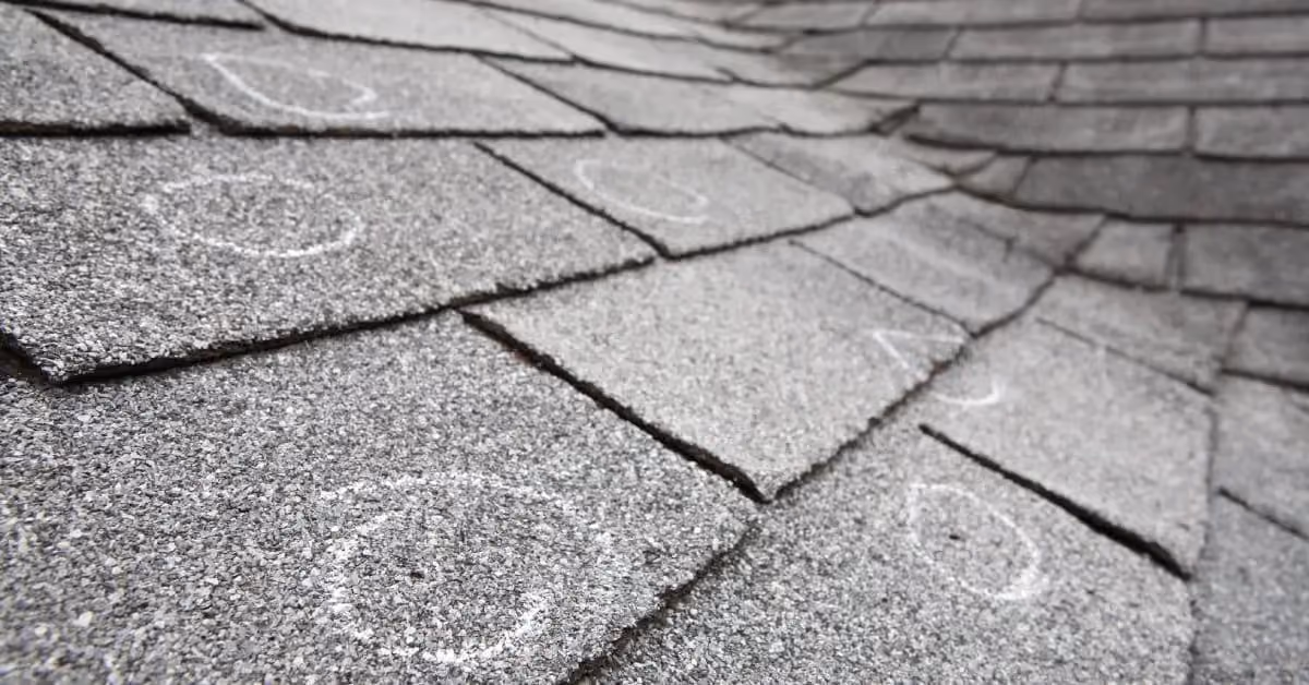 Hail damage on asphalt roof shingles showing impact marks and surface wear