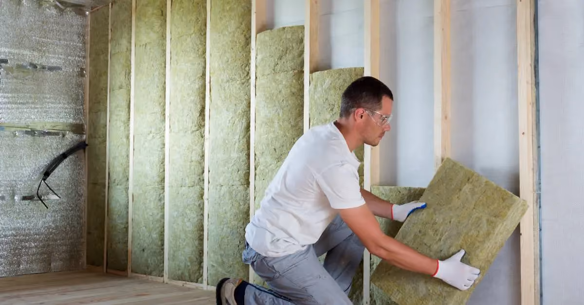 Person installing fiberglass insulation in a wall frame while wearing protective gloves and safety gear