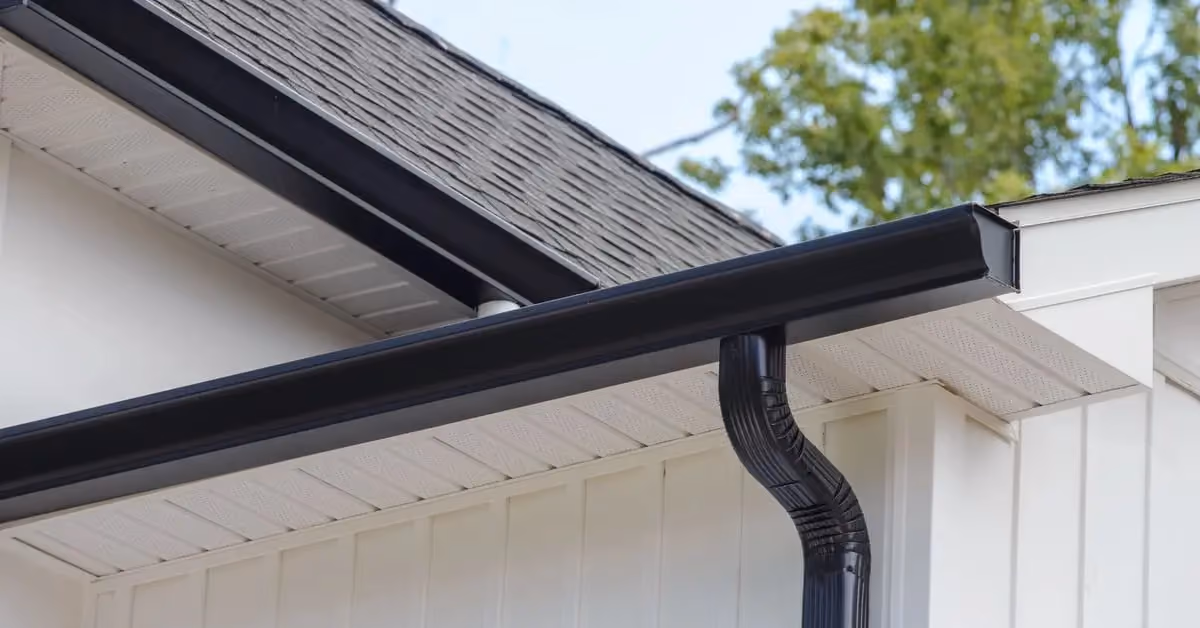 Black gutter and downspout system installed along roof edge directing water away from home