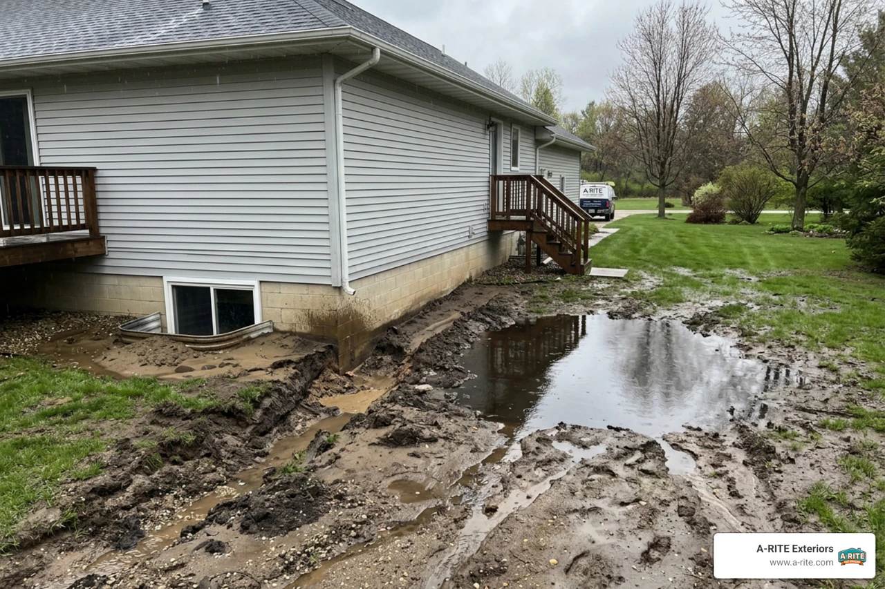 soil erosion near a home foundation with water pooling near basement walls