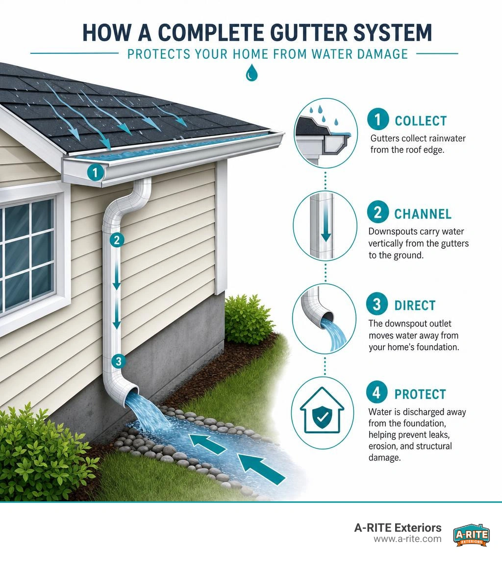 infographic showing how a complete gutter system routes water from roof edge through downspouts away from home foundation