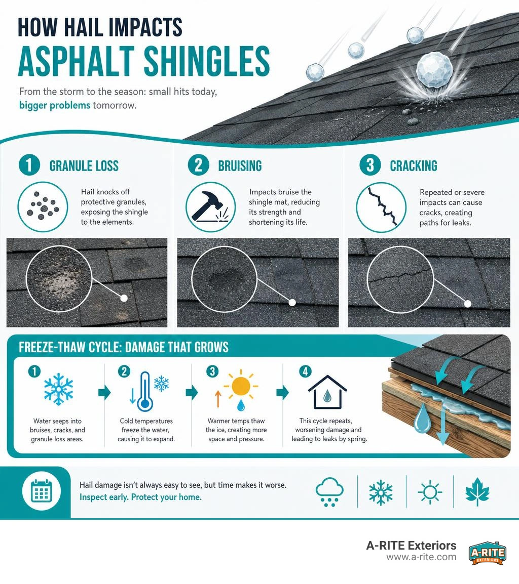 infographic showing how hail impacts asphalt shingles including granule loss bruising and cracking with freeze-thaw cycle