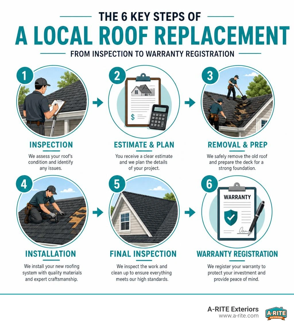 infographic showing the 6 key steps of a local roof replacement process from inspection to warranty registration infographic