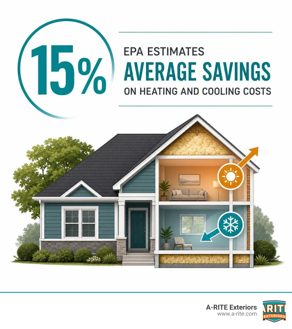 Stat showing EPA estimated average savings of 15 percent on heating and cooling costs infographic