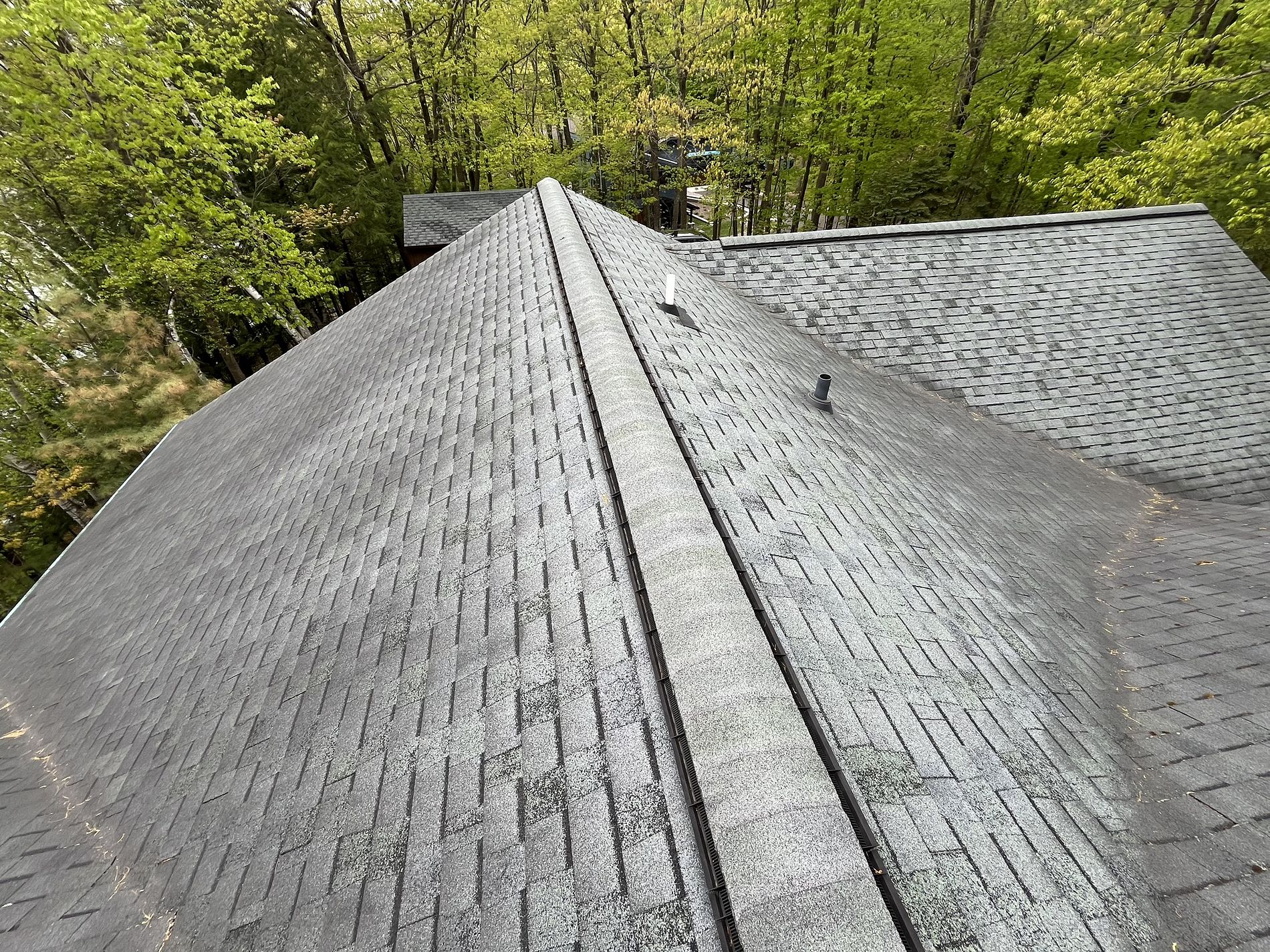 Before roof replacement in Rhinelander, WI showing an old, worn roof with weathered shingles and surrounding trees.