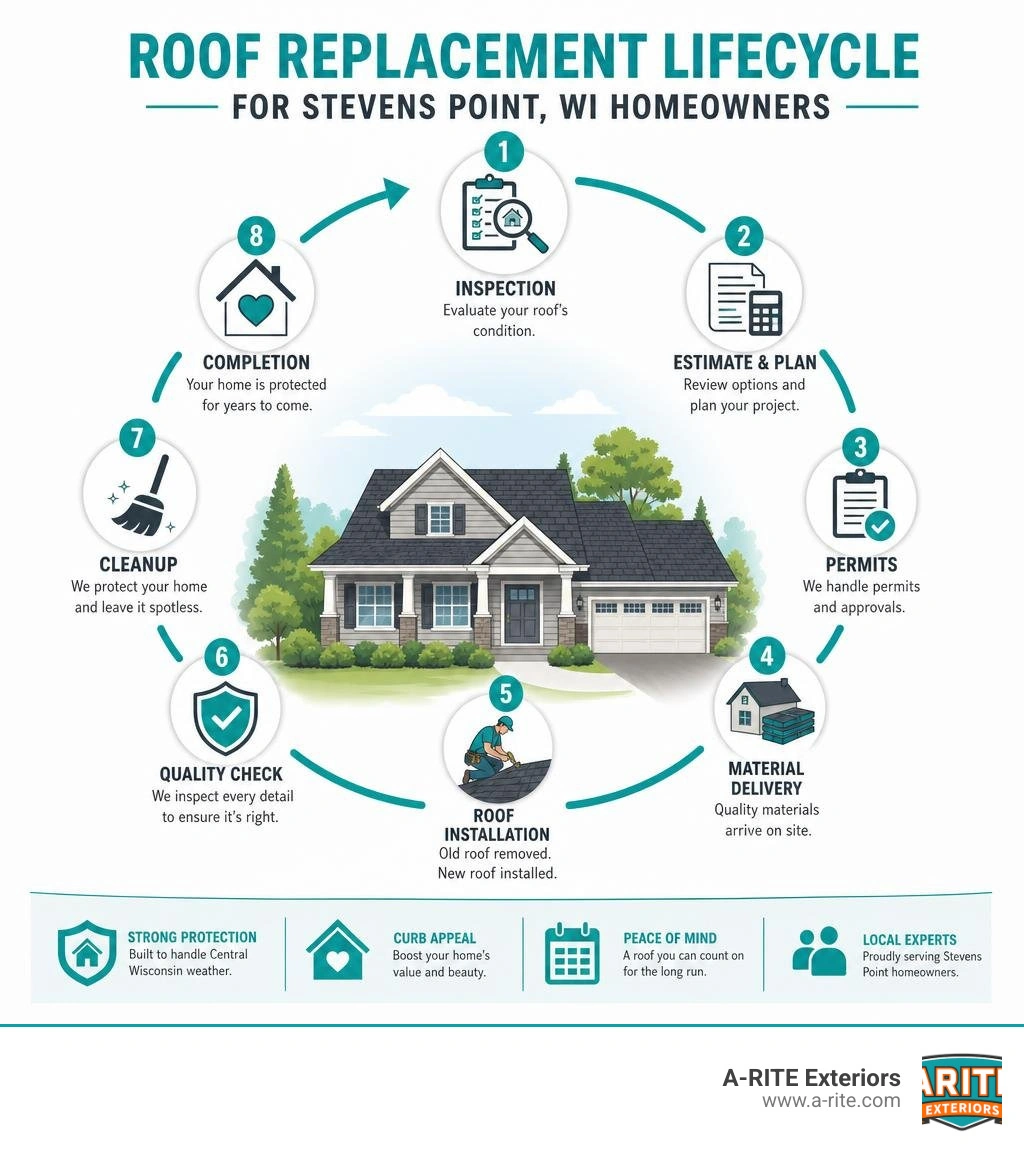 Roof replacement lifecycle infographic for Stevens Point WI homeowners showing inspection to completion infographic Roof replacement lifecycle infographic for Stevens Point WI homeowners showing inspection to completion infographic
